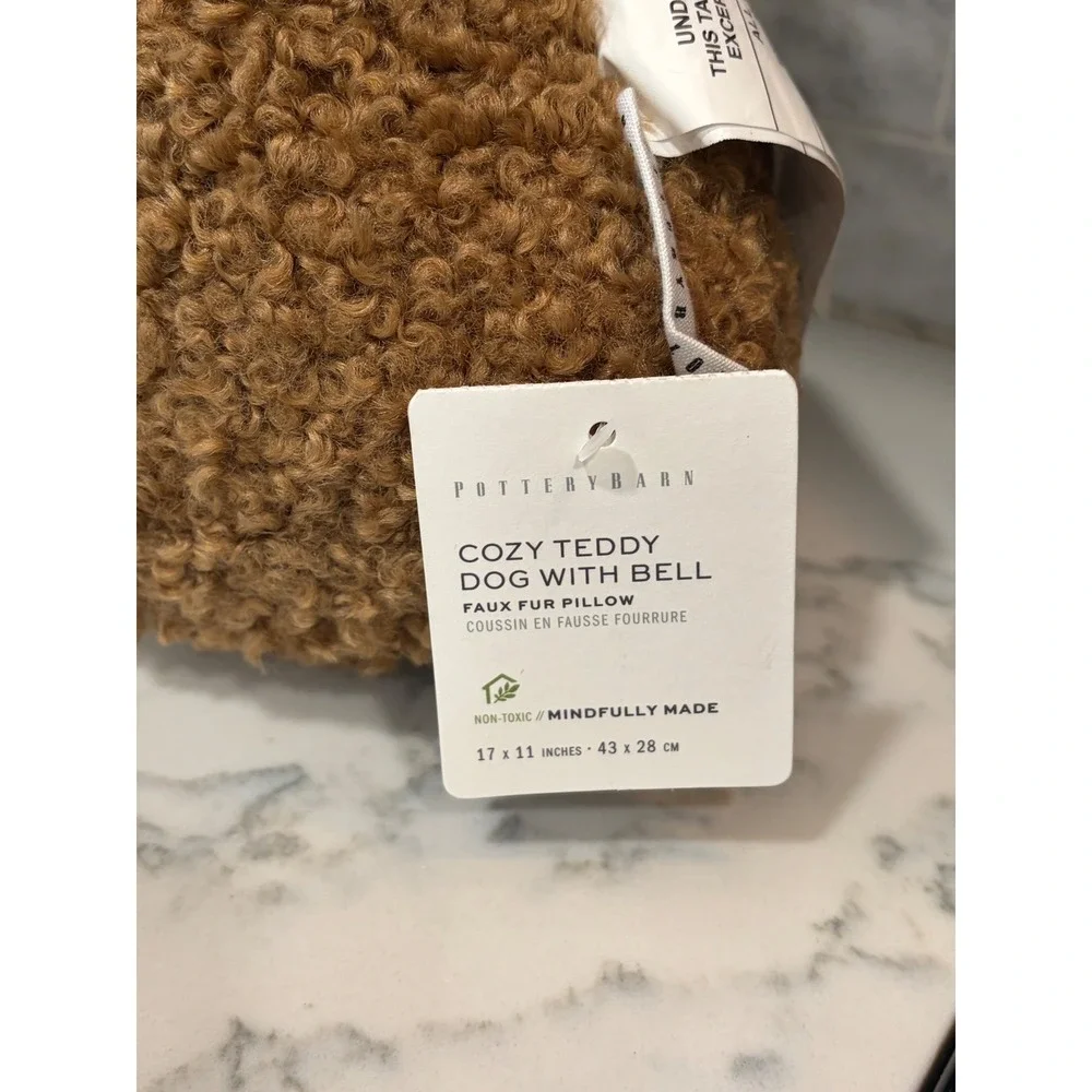 Pottery Barn Cozy Teddy Dog with Bell Faux Fur Pillow Camel Brown Sherpa NWT